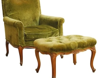 19th Century French Velvet Library Chair with Ottoman