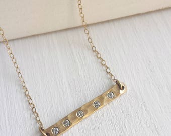 Hammered Gold Moissanite Bar Necklace - 14kt yellow gold - Rustic Bar Necklace