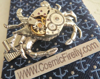 Men's Steampunk Tie Clip Silver Crab Tie Clip Vintage Watch Movement Nautical Tie Bar Gothic Victorian Men's Tie Clip Unique Men's Gifts