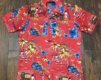 Vintage Red Hawaiian Aloha Tiki Luau Polyester Casual Shirt Mens Size S Small
