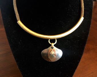 Fabulous Vintage Marjorie Baer SF Brutalist Tribal Necklace, Forged Modernist Mixed Metals Necklace, Brass, Copper, and Silver.