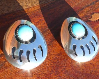Large Bear Paw Shadowbox Earrings in Sterling Silver and Turquoise