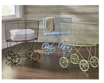 Metal laundry basket on wheels