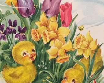 Vintage Easter Card 1950s Flowers Ducks Tulips Daffodils Brother Spring Flocking