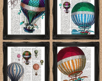 Vintage Hot Air Balloons Dictionary Print Set of 4 Upcycled Book Art 8x10 inches A133