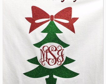 Christmas monogram shirt holiday monogram shirt glitter monogram shirt personalized monogram longsleeve shirt Christmas tree shirt