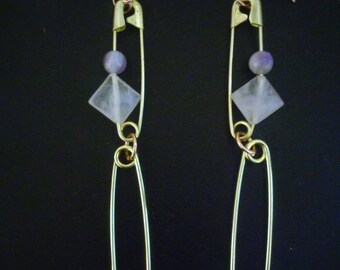Brass Beaded Safety Pin Drop Earrings