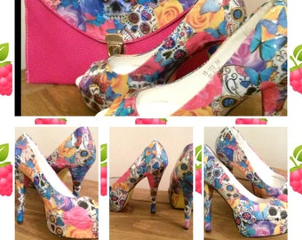 Sugar skulls and roses customised heels and bag set