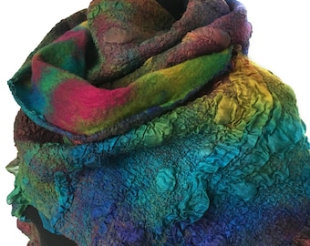 Handmade Nuno Felted Textured Scarf Multicolor Wool Silk Felt OOAK Gift For Her
