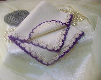 Crochet Handkerchief, Hanky, Hankie, Hand Crochet, Purple, Ecru, Personalized, Monogrammed, Embroidered, Bridal party gift, Orders Welcome