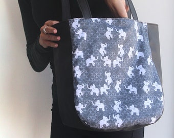 Tote Bag - Women Tote / black Tote Bag With Elephants print - Vegan Handbag /black Handbag - vegan leather tote bag