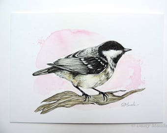 Original Coal tit - Watercolour Bird Painting, British Song Bird, Original Bird Artwork, Bird Ink Illustration 5x7" Bird Artwork