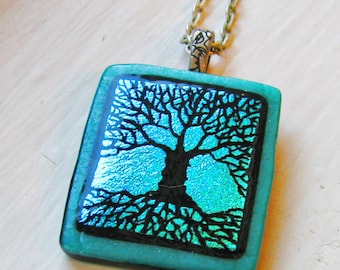 Etched Tree of Life - Fused Dichroic Glass Pendant / Necklace