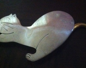 Vintage Mexican Sterling Silver Cat w/ Hunched Back Brass Tail, Mexican Silver, Collectible Mexican Silver, 1970's Mexican Silver Cat