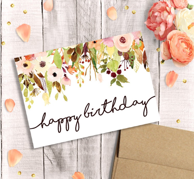 Birthday Card for Her Printable Happy Birthday Watercolor