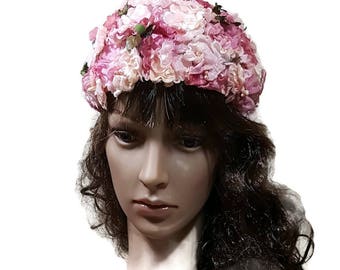 VINTAGE PINK HAT Flowered Cloche or Pillbox Hat Spring Hat Pink Flower Retro Church Hat Vintage Tea Party Pillbox Floral Summer Hat