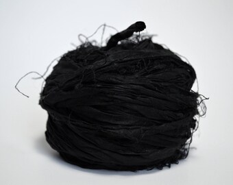 Jet Black Sari Silk Ribbon Yarn, Center Pull Ball Yarn - 85 grams (3oz), 6 Weight (Super Heavy)