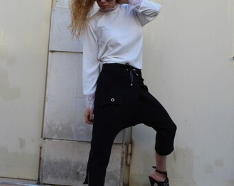 Harem Pants/ Black Casual pants/ Drop-Crotch Trousers/Loose/ Knee length/ Cropped pants