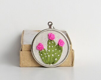 Cactus necklace, succulent pendant, flowering cacti jewelry, desert plant, San Pedro cactus, hand embroidered necklace
