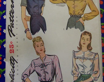 Vintage 1945 Simplicity 1487 BLOUSE 4 ways pattern Size 14 bust 32 COMPLETE