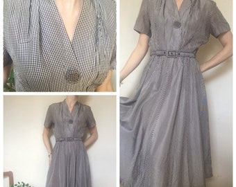 1950s vintage checked gingham taffeta dress purple cream black uk 10/12