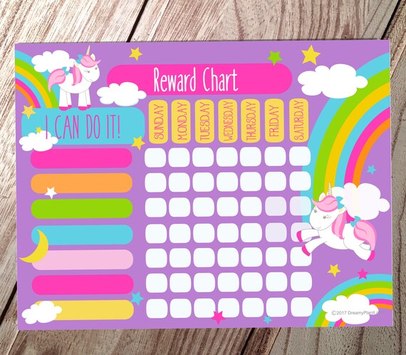 kids reward chart unicorn purple instant download