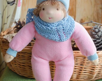 Waldorf baby doll 11 inches Steiner doll Soft body Bunting doll for toddler Textile doll Natural doll Gift for toddler Pink colour velour