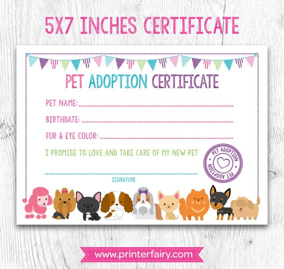 Pet Adoption Certificate Pet Adoption Birthday Party Puppy