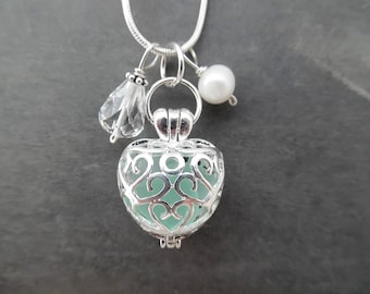 Heart Sea Glass Locket Necklace Aqua Blue Jewelry Seaglass