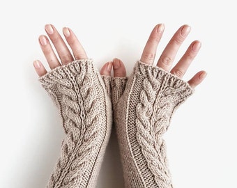 Cable knit fingerless gloves, beige armwarmers, knitted handwarmers, oatmeal mittens, winter gloves, womens mitts