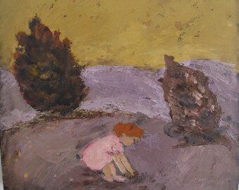 Oil wood Painting, lice mud cook, purple-yellow-brown-pink paint colors, Beautiful Full art painting, spatula layers of paint