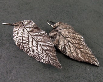 Large silver leaf earrings, handmade eco friendly fine silver leaves-OOAK