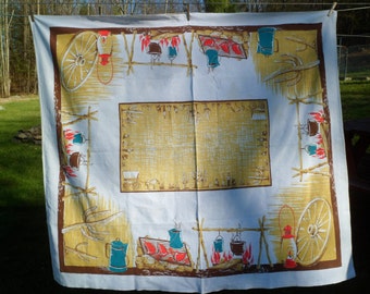 Vintage California Hand Prints Cowboy Western Tablecloth~64 x 56"~Chuck Wagon Cactus Horses~Sewn-in Tag