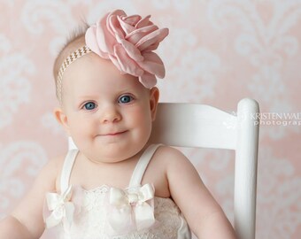 Flower Headband, Newborn Photography Prop, Beautiful Newborn Pale Pink Satin Flower on Sretchy Chevron Elastic, 3 mo, Sitter to Toddler Size