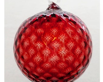 Ruby Red Diamond Facet Blown Glass Ornament 3.5 inches FREE SHIPPING