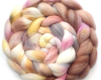 Roving Targhee Bamboo Silk, Handdyed Combed Top, Pressed Flowers, 5.1 oz.