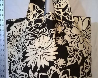 Black and White Floral Tote with Burlap Bottom