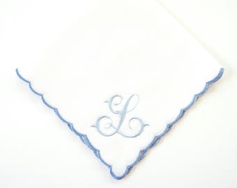Something Blue Scalloped Border Women's Monogrammed Handkerchief