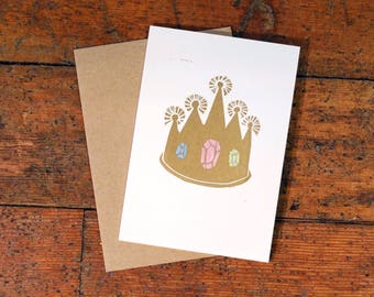 Crown Hand Painted Letterpress Linocut Card