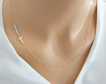 Sideways Cross Necklace, custom pearl necklace, crystal necklace, gold fill chain, Gold Cross Necklace, Baptism jewelry