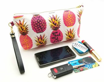 You Had Me At Aloha - Medium Clutch with brass zipper and leather strap - 11x 5 x 2 - Ready to Ship