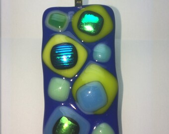 Blue glass pendant with blue and green dichroic