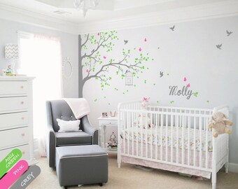 Wall decal Corner Tree Wall Decal with Butterflies Birds Birdcage and Personalized Name Beautiful Nursery Wall Art Mural Sticker - 076