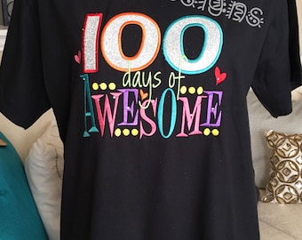 100 Days of School t shirt for all sizes- 100 days of awesome t shirt with sparkle and crystal embelishment- colorful and cute 100 days