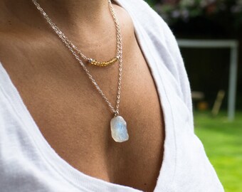 Raw Moonstone Necklace, Raw Crystal Necklace, Rainbow Moonstone Jewelry, Raw Stone Pendant, Gift for Him, Gift for Her, June Birthstone