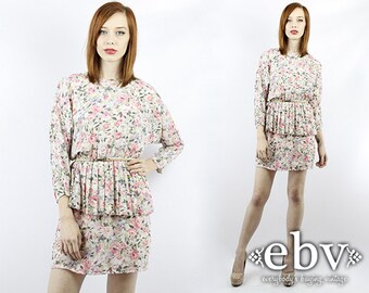 1980s Dress 80s Party Dress Floral Mini Dress Longsleeve Dress Floral Peplum Dress Secretary Dress Vintage 80s Floral Mini Peplum Dress XS S