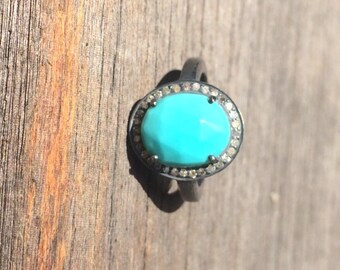 Turquoise and Diamond Oxidized Sterling Silver Ring