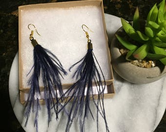 Navy blue ostrich feather earrings