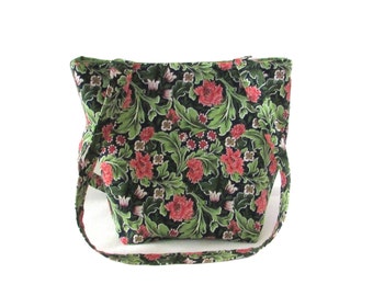 Floral Purse, Small Tote Bag, Green Leaves, Coral Carnations, White Flowers, Handmade Handbag, Fabric Bag, Teen Purse, Shoulder Bag