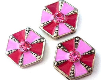3 pink and magenta 2 hole slider beads or buttons, pink octagon slide, pinwheel two tone pink slider beads, pink spacer beads